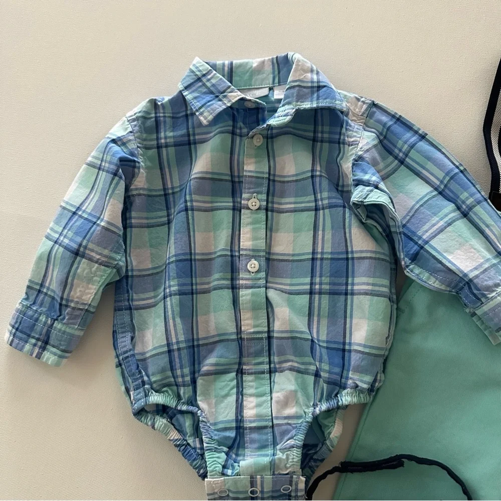 Baby Boy 6-9 Months Shirt Bodysuit Pants Bow Tie Set Outfit Spring Easter - Picture 2 of 7